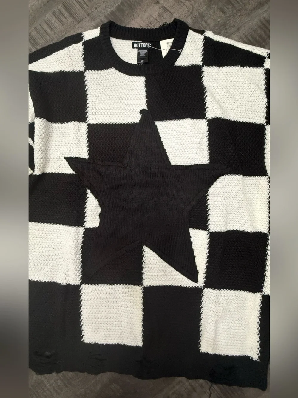 Hot Topic Black and White Checkerboard Star Crewneck Sweater - Picture 2 of 6
